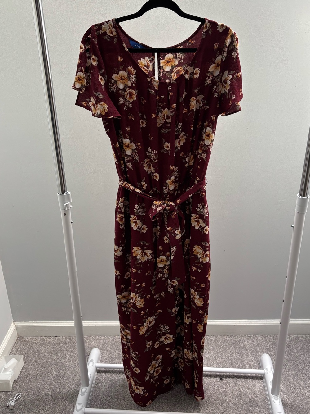 Apt. 9 Burgundy Floral Flutter Sleeve Jumpsuit with Belt